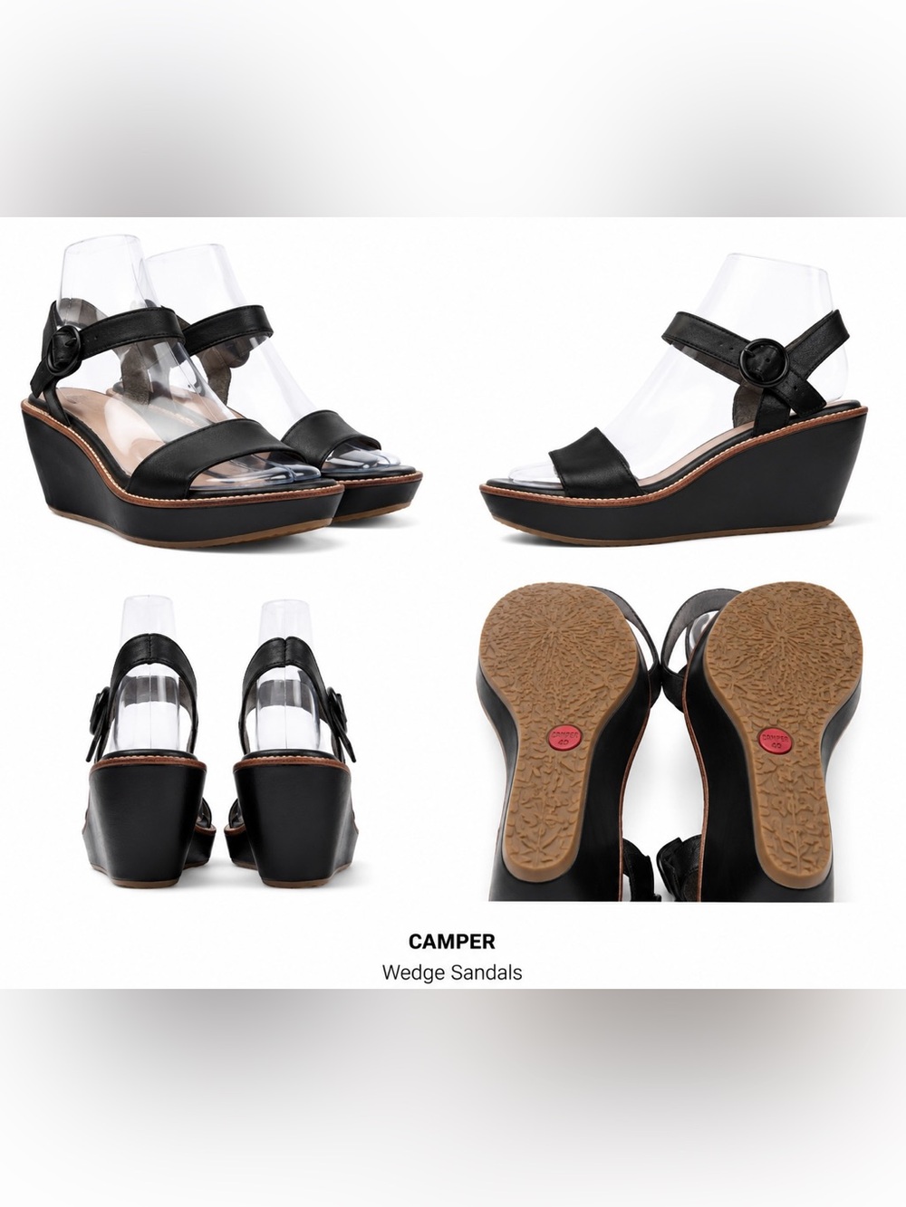 Camper Black Platform Wedge Sandal Ankle Strap  9 EU 40